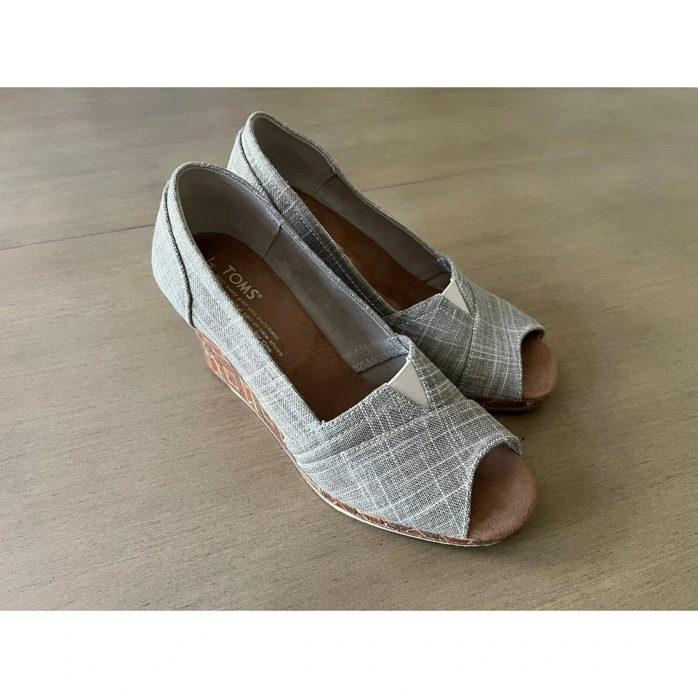 TOMS Southwestern Grey Wedge Peep Toe Women's 8 Casual Comfort Cork Heel‎ Shoes